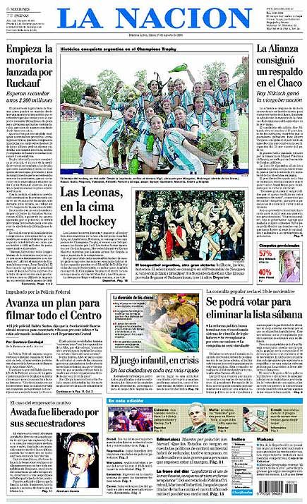 Portada Diario La Nacin 27-08-2001