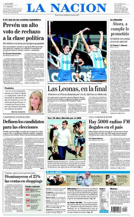 25-08-01 Portada del Diario La Nacin - Partido contra N. Zelanda - (foto obtenida de portada Diario La Nacin 25-08-01) 
